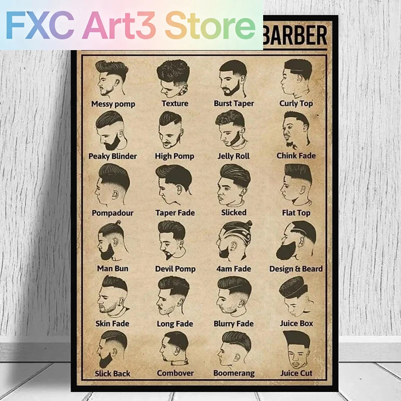 Home Barbershop - Bezramowy, retro plakat fryzjerski z fryzurami